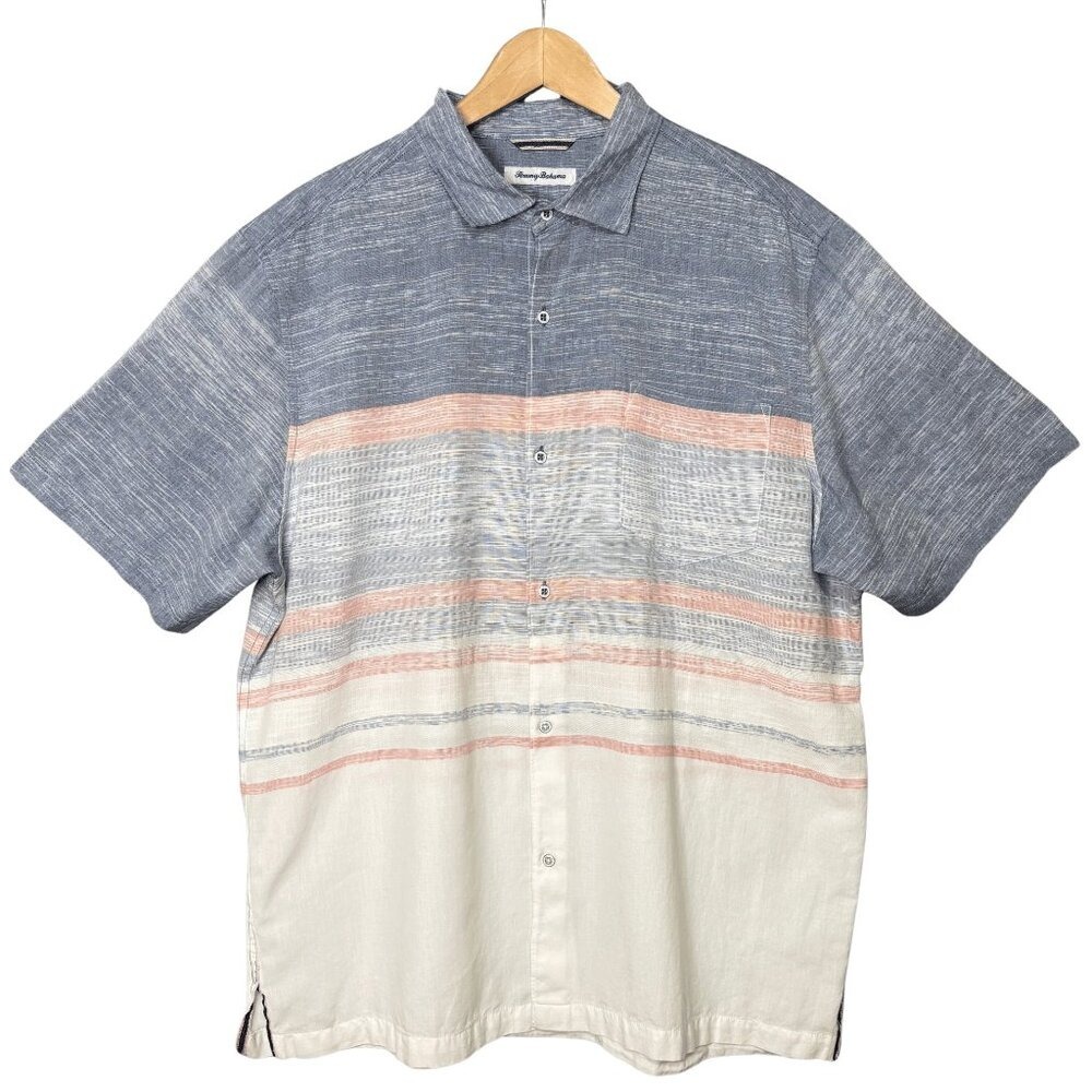 Tommy Bahama Mens Cotton Blend Striped Short Sleeve Button Up Shirt Size XL Blue